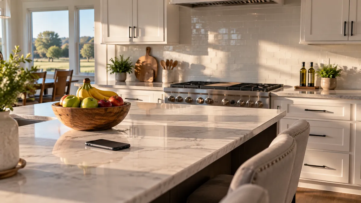 A wiped kitchen island with a phone lying face down beside a bowl of fruit, morning light across a spotless backsplash and a clean stovetop