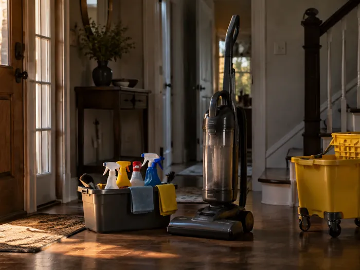 A cleaning caddy on a hallway floor holding spray bottles and scrub brushes, a vacuum parked beside it, freshly cleaned rooms visible through the open doors