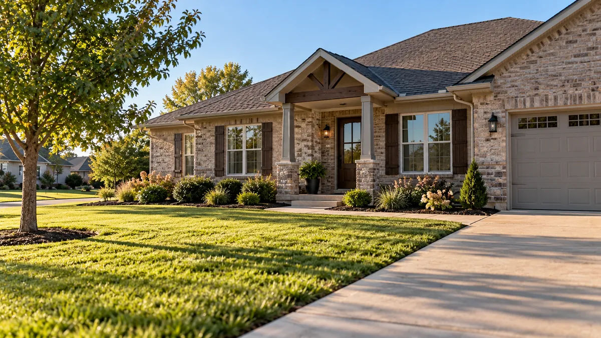 A wide afternoon view of a single-story house and front yard after a whole-house clean, front windows spotless, porch swept, doormat straightened