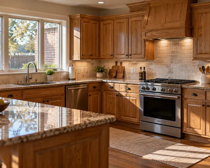 Wiped laminate counters, a clean stovetop and a shining sink in a brick ranch house kitchen
