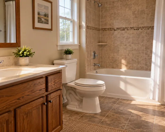 A scrubbed tub and tile surround and a mopped floor around the toilet
