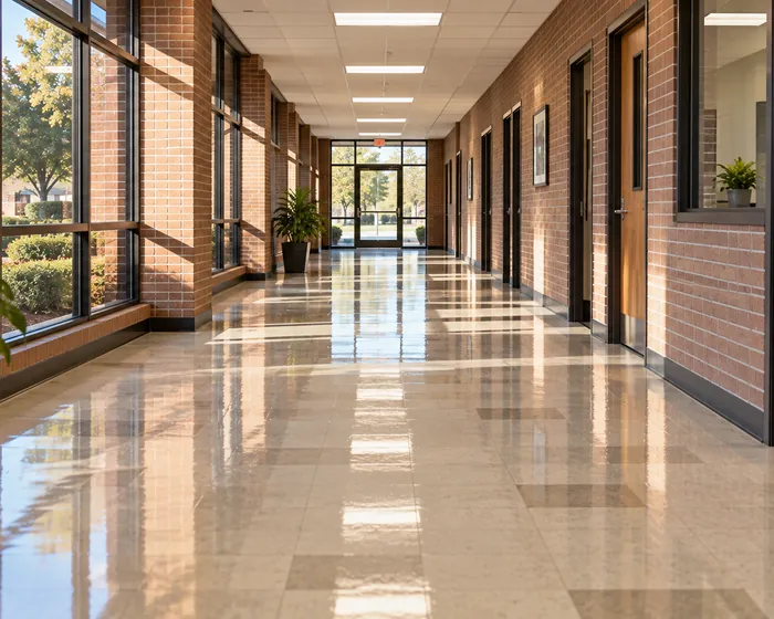 A tile hallway floor with a fresh coat of wax reflecting the ceiling lights