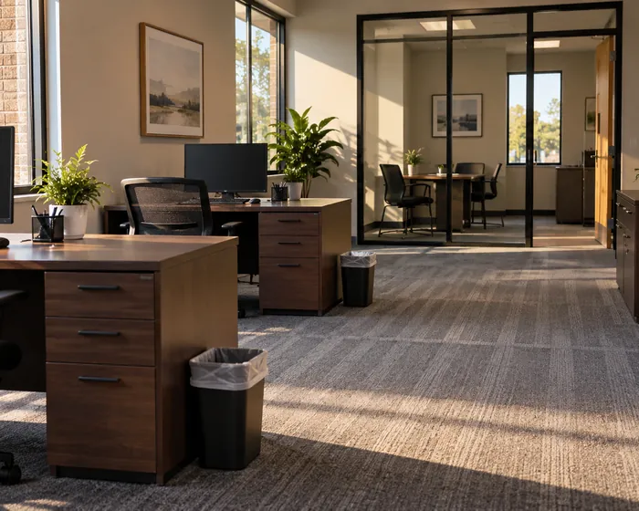A small office with wiped desks, empty trash bins and a vacuumed carpet
