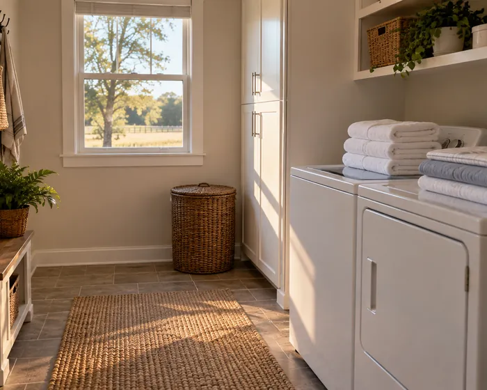Folded towels and sheets stacked on a dryer in a home laundry room