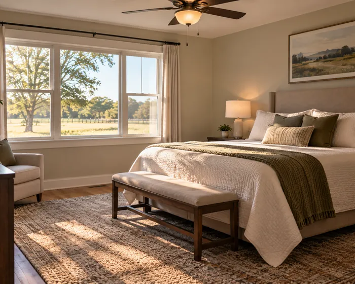 A white ceiling fan and dusted baseboards in a bedroom with a wood-look floor