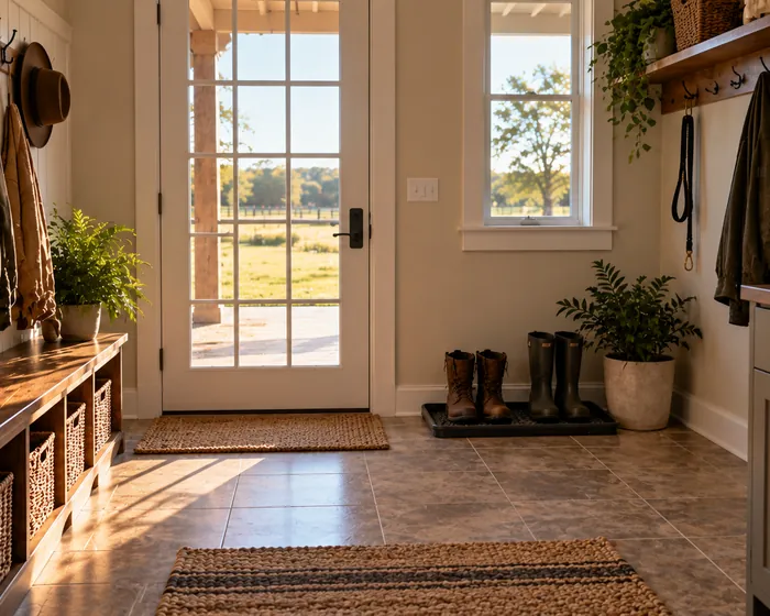 A mopped tile entry floor by a back door with work boots on a tray