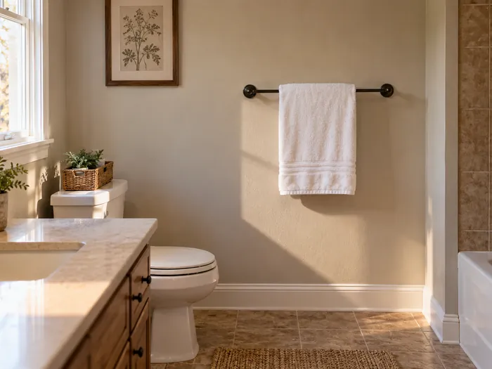 A towel bar mounted level on a bathroom wall with a folded towel on it