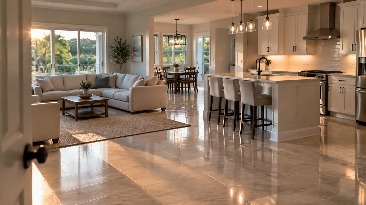 A wide daylight view of a finished family room and open kitchen from the back doorway, carpet vacuumed in even lines, counters clear